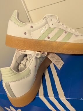 adidas Samba Platform Sneakers - White & Light Green with Gum Sole